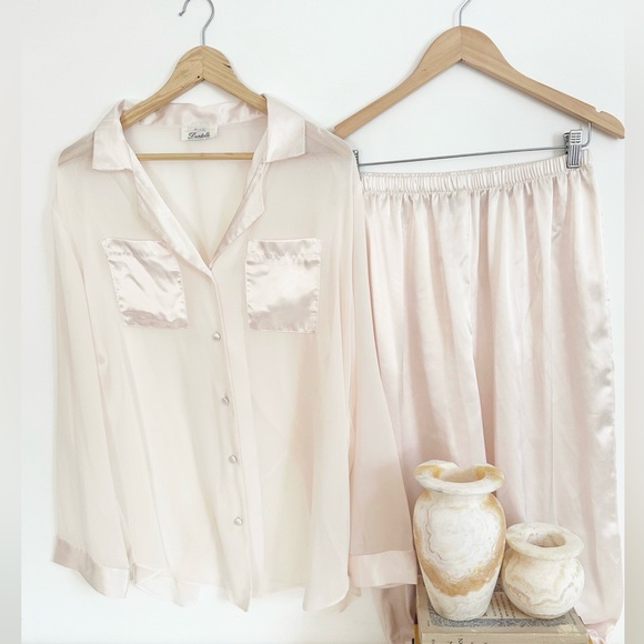 Vintage Dentelle Size Large Pale Pink Silky Satin Chiffon Pajama Set Lingerie - Picture 12 of 14